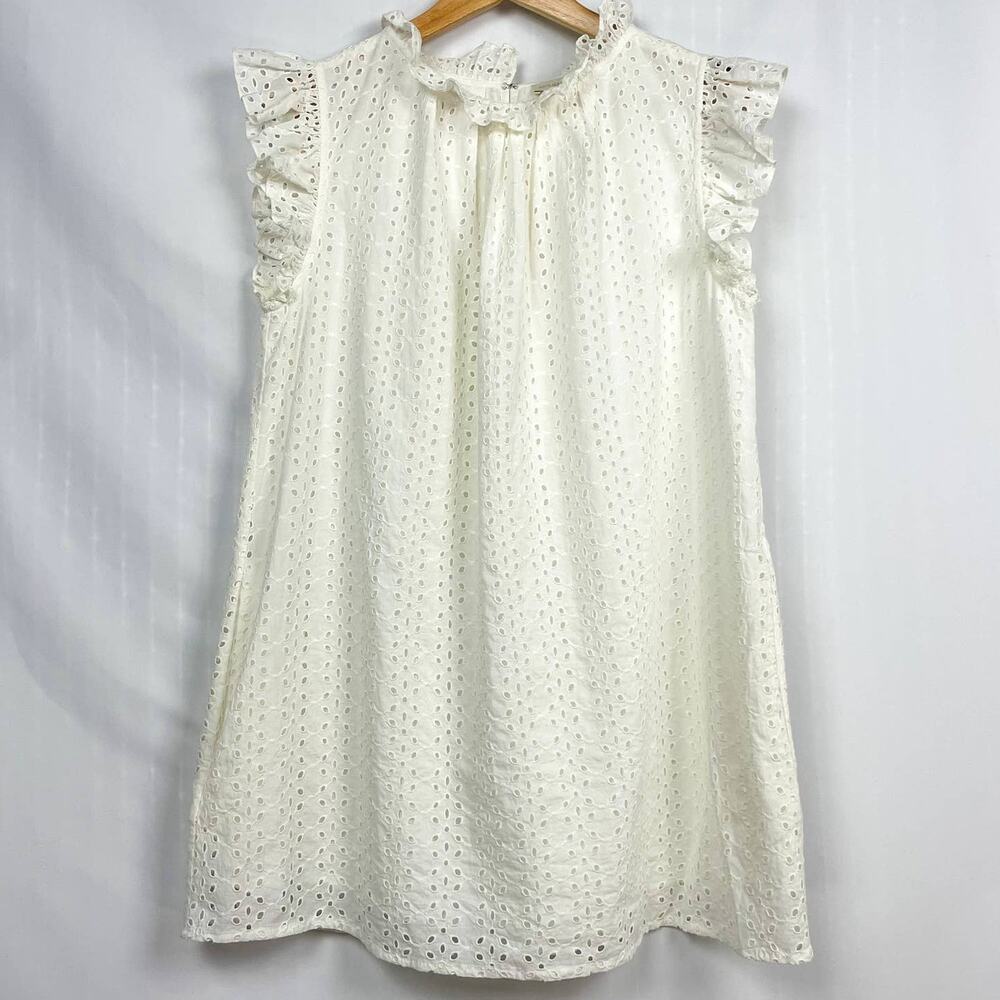 Ann‎ Mashburn Eyelet Lace Mini Dress M Ivory White Ruffle Cap Sleeve Babydoll